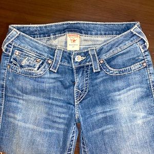 Low rise wide ankle true religion jeans with rhinestones
